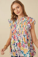 HY7138 Lavender Mix Womens Romantic Floral Smocked Tassel Top Front