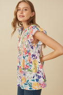 HY7138 Lavender Mix Womens Romantic Floral Smocked Tassel Top Full Body