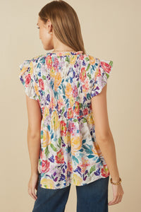 HY7138 Lavender Mix Womens Romantic Floral Smocked Tassel Top Side