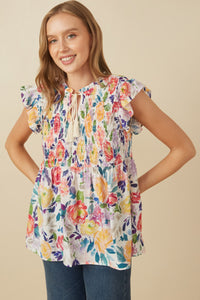 HY7138 Lavender Mix Womens Romantic Floral Smocked Tassel Top Back