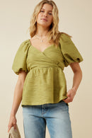 HY7173 Green Womens Textured Exaggerated Puff Sleeve Suprlice Top Front