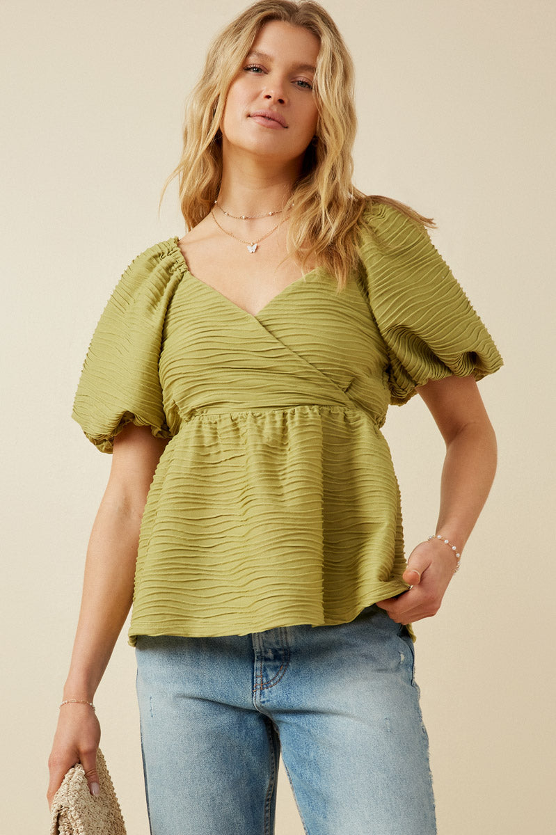 Textured Exaggerated Puff Sleeve Surplice Top