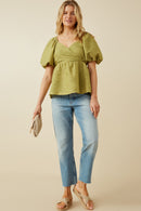 HY7173 Green Womens Textured Exaggerated Puff Sleeve Suprlice Top Full Body