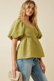 HY7173 Green Womens Textured Exaggerated Puff Sleeve Suprlice Top Side