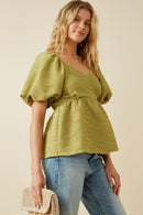 HY7173 Green Womens Textured Exaggerated Puff Sleeve Suprlice Top Side