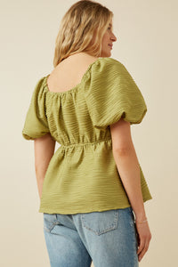 HY7173 Green Womens Textured Exaggerated Puff Sleeve Suprlice Top Back
