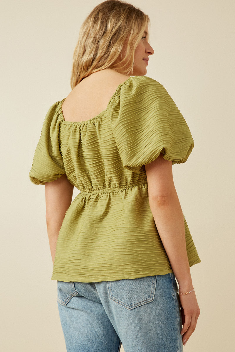 HY7173 Green Womens Textured Exaggerated Puff Sleeve Suprlice Top Back