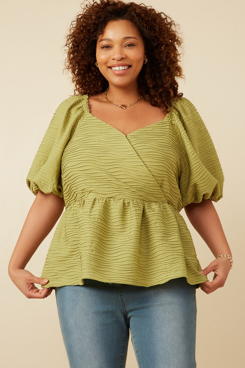 Textured Exaggerated Puff Sleeve Surplice Top