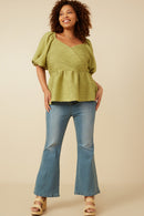 HY7173W Green Plus Textured Exaggerated Puff Sleeve Suprlice Top Gif