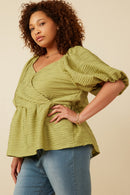 HY7173W Green Plus Textured Exaggerated Puff Sleeve Suprlice Top Full Body