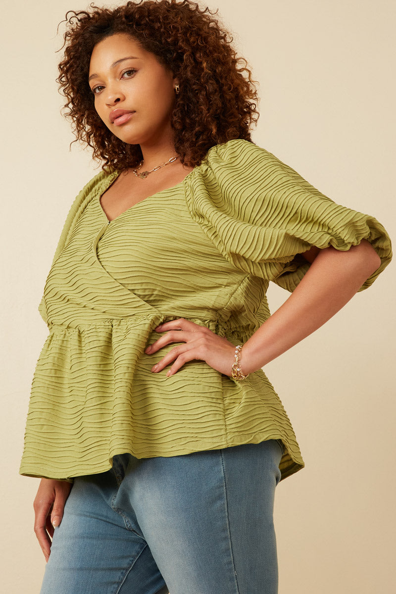 HY7173W Green Plus Textured Exaggerated Puff Sleeve Suprlice Top Full Body