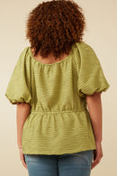 HY7173W Green Plus Textured Exaggerated Puff Sleeve Suprlice Top Side