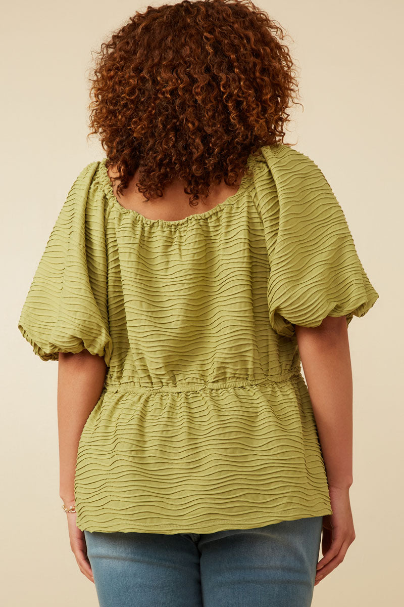 HY7173W Green Plus Textured Exaggerated Puff Sleeve Suprlice Top Side