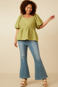 HY7173W Green Plus Textured Exaggerated Puff Sleeve Suprlice Top Back