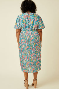 HY7176W Blue Plus Romantic Floral Puff Sleeve Pleated Skirt Dress Back