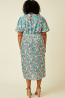 HY7176W Blue Plus Romantic Floral Puff Sleeve Pleated Skirt Dress Back