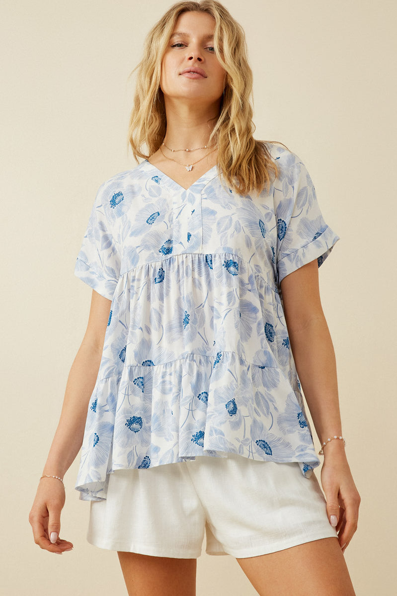 Monochromatic Floral V Neck Paneled Top