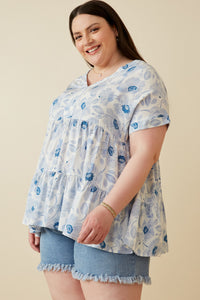 HY7183W Blue Plus Monochromatic Floral V Neck Paneled Top Full Body