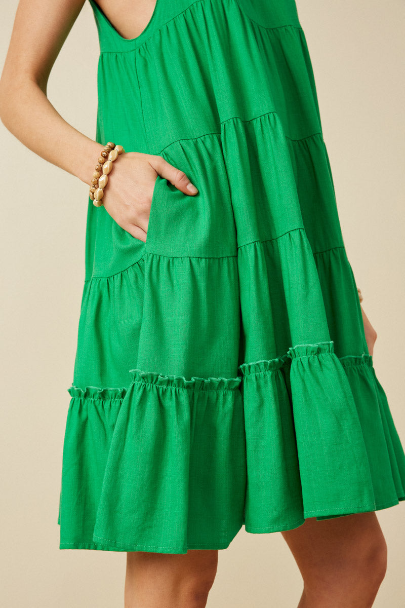 HY7188 Green Womens Tiered Ruffle Seamed Cami Dress Detail