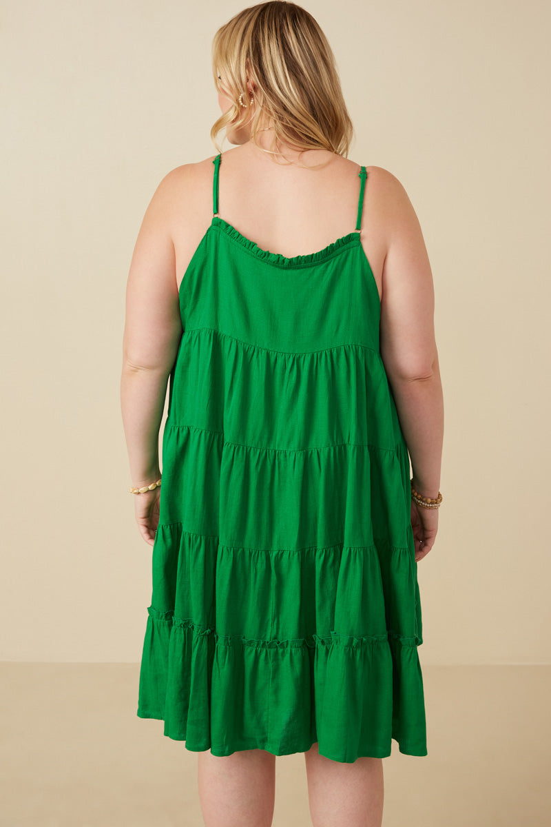 HY7188W Green Plus Tiered Ruffle Seamed Cami Dress Detail