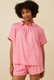 HY7189 PINK Womens Short Sleeve Collared Dolman Top Detail