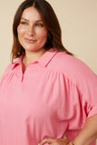 HY7189 PINK Womens Short Sleeve Collared Dolman Top Front