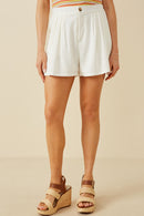 HY7190 Off White Womens Pleated Detail Button Front Shorts Front
