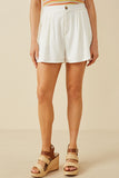HY7190 Off White Womens Pleated Detail Button Front Shorts Front
