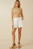 HY7190W Off White Plus Pleated Detail Button Front Shorts Back
