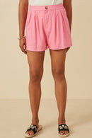 HY7190 PINK Womens Pleated Detail Button Front Shorts Back