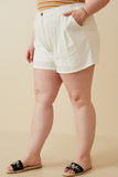 HY7190W Off White Plus Pleated Detail Button Front Shorts Front