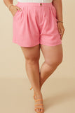 HY7190W Off White Plus Pleated Detail Button Front Shorts Full Body