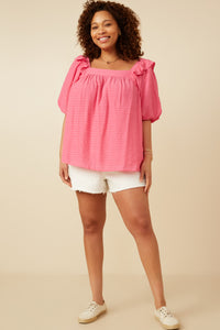 HY7193 Pink Womens Square Neck Ruffle Shoulder Textured Top Side