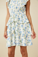 HY7198 Blue Womens Textured Romantic Floral Split Tiered Dress Detail