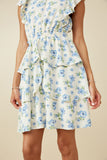 HY7198 Blue Womens Textured Romantic Floral Split Tiered Dress Detail