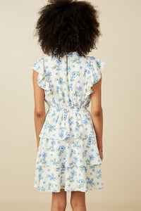 HY7198 Blue Womens Textured Romantic Floral Split Tiered Dress Front 2