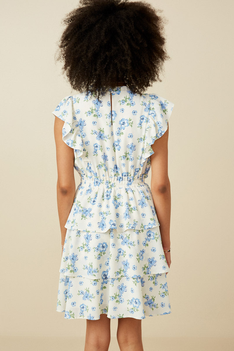 HY7198 Blue Womens Textured Romantic Floral Split Tiered Dress Front 2