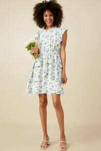 HY7198 Blue Womens Textured Romantic Floral Split Tiered Dress Back
