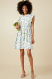 HY7198 Blue Womens Textured Romantic Floral Split Tiered Dress Back
