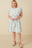 HY7198 Blue Womens Textured Romantic Floral Split Tiered Dress Full Body
