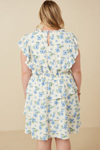 HY7198W Blue Plus Textured Romantic Floral Split Tiered Dress Full Body