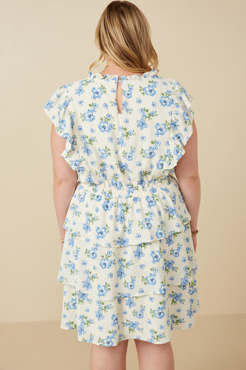 HY7198W Blue Plus Textured Romantic Floral Split Tiered Dress Full Body