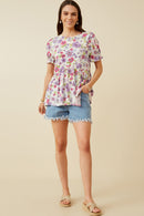 HY7206 Purple Womens Floral Rounded Hem Peplum Top Full Body
