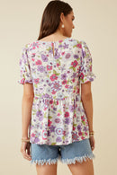 HY7206 Purple Womens Floral Rounded Hem Peplum Top Back