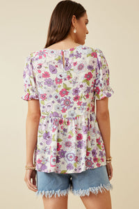 HY7206 Purple Womens Floral Rounded Hem Peplum Top Back