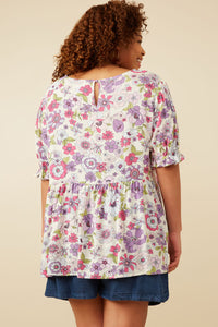 HY7206W Purple Plus Floral Rounded Hem Peplum Top Back