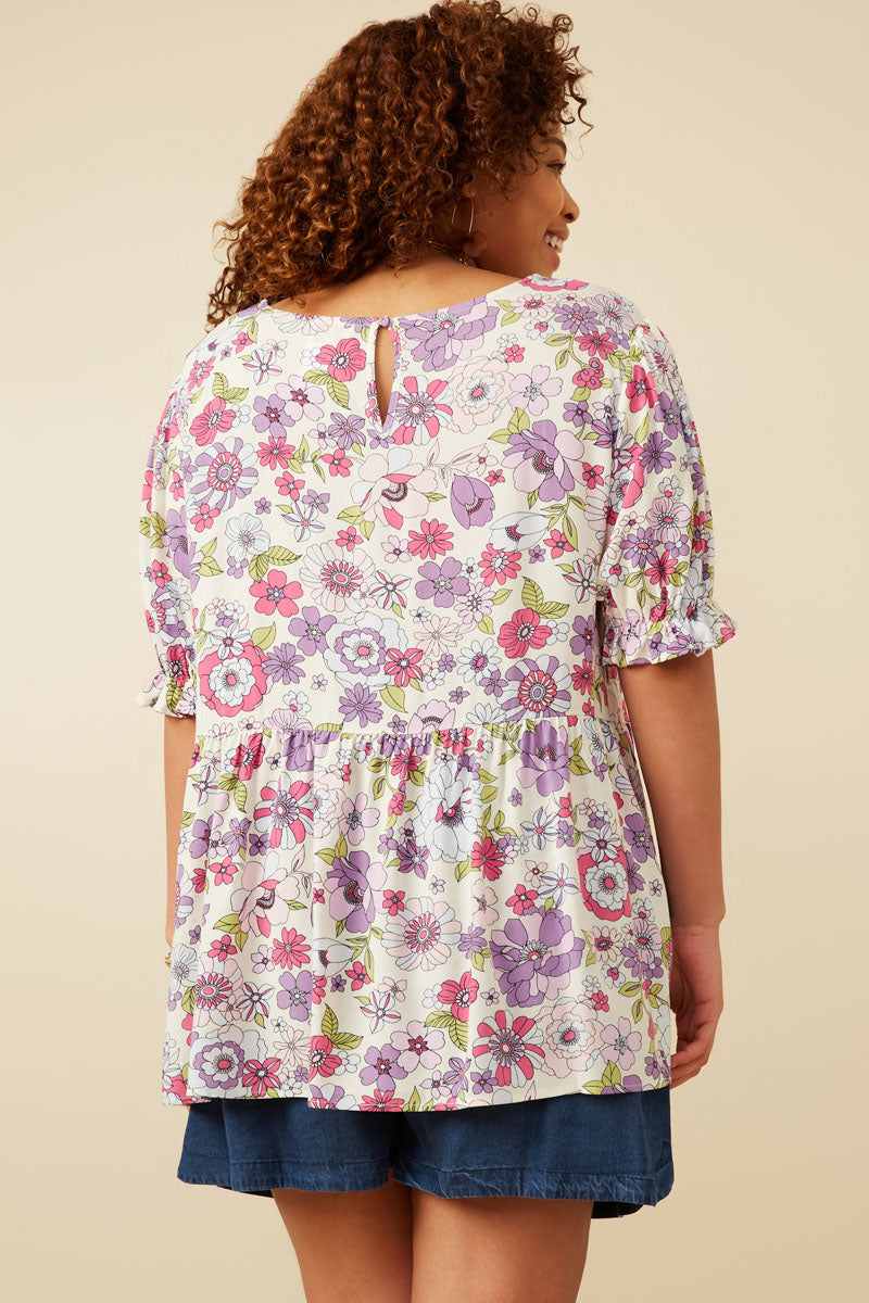 HY7206W Purple Plus Floral Rounded Hem Peplum Top Back