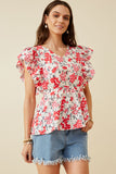 HY7213 Pink Womens Floral Exaggerated Textured Ruffle V Neck Peplum Tank Front