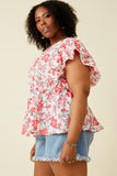 HY7213 Pink Womens Floral Exaggerated Textured Ruffle V Neck Peplum Tank Full Body