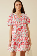 HY7214 Pink Womens Floral Button Detail Textured Ruffle Sleeve Dress Front